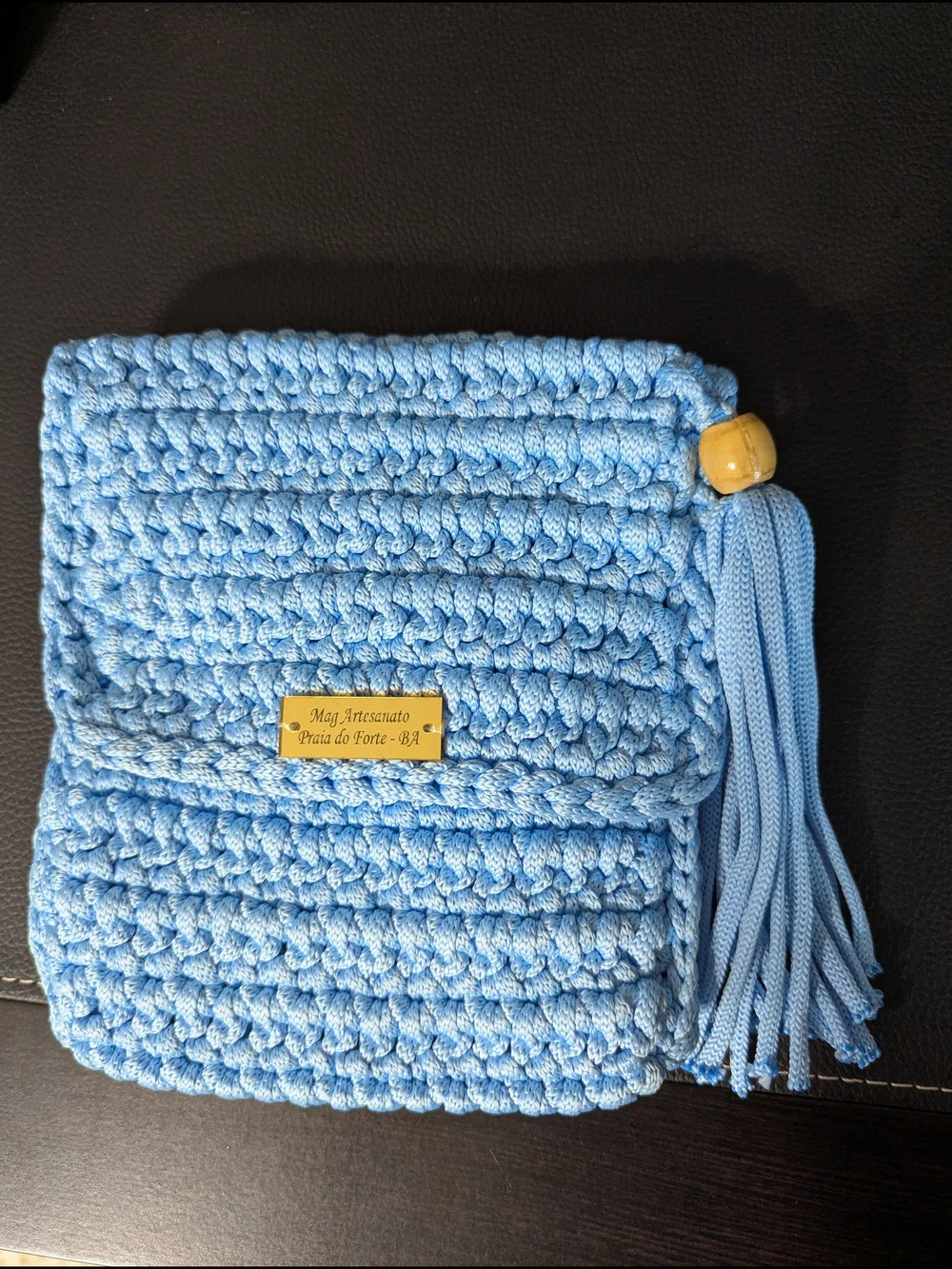 Handmade Light Blue Crochet Crossbody Bag with Tassel
